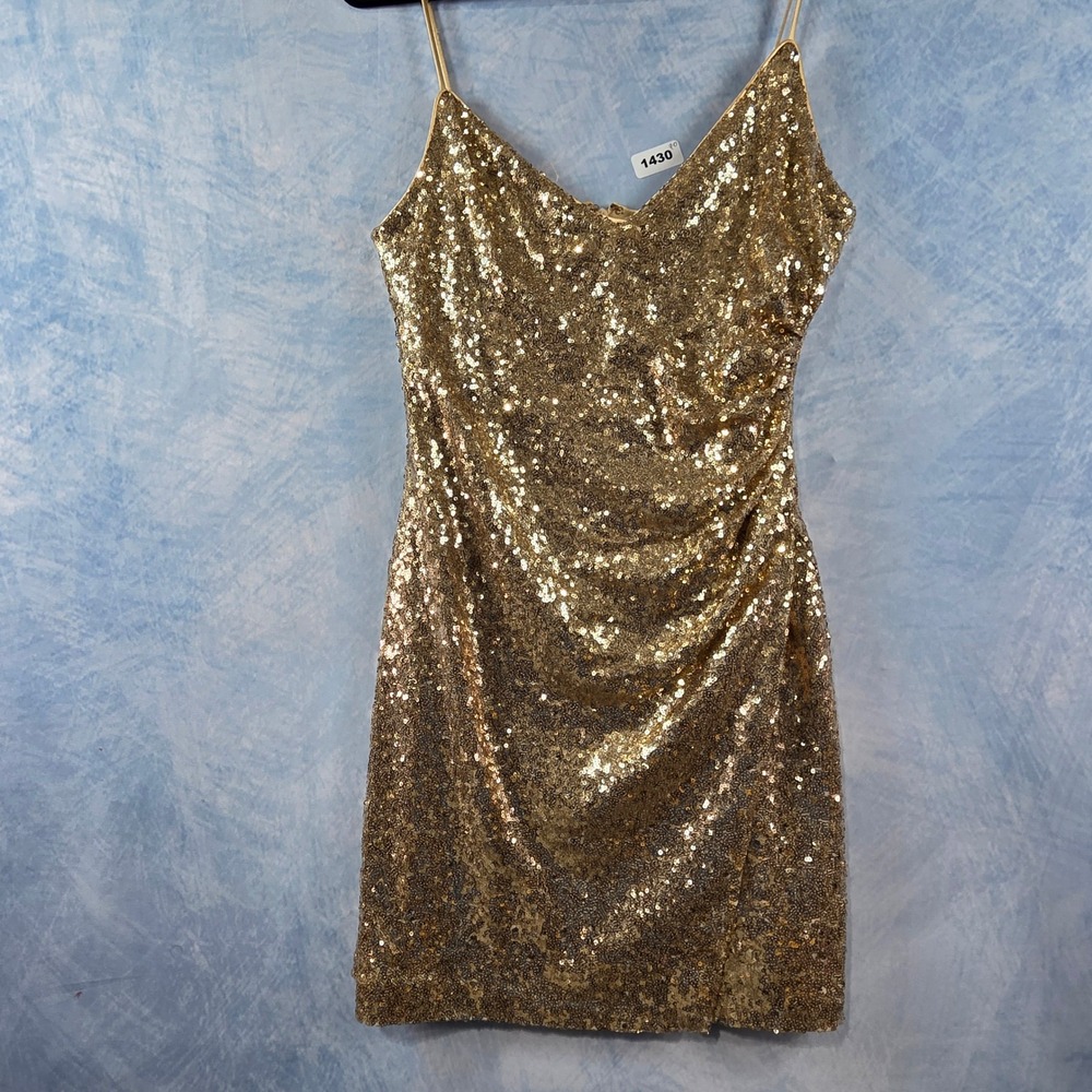 Black Halo Gold Sequin Mini Dress V-Neck Spaghetti Strap‎ Side Slit Size 8